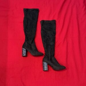 Mix No. 6 Black Knee-High Boots with Glitter Heels 1/4 zipper
